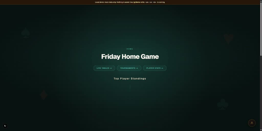 PokerNights game home with game name and links to Tables, Tournaments, and Stats