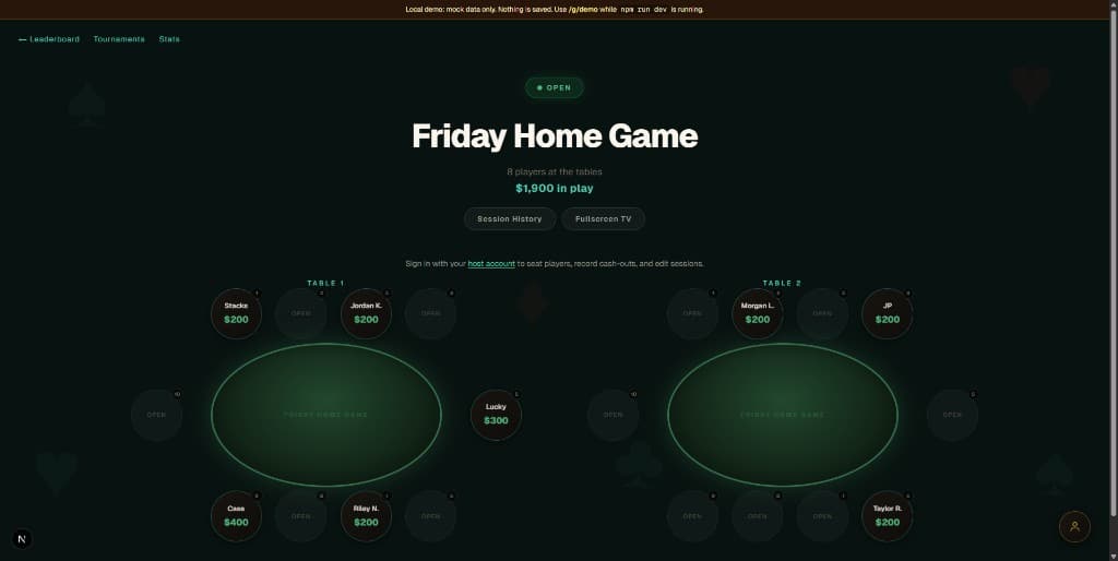 PokerNights live tables with two felts, seated players, and buy-in totals